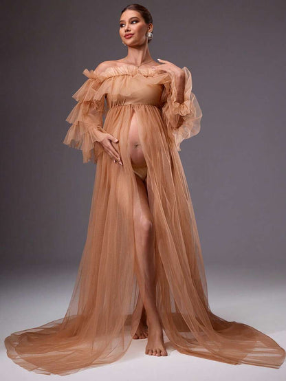 MaterniChic Pregnant Women's Elegant Mesh Sheer Off Shoulder Frill Trim Dress, Summer