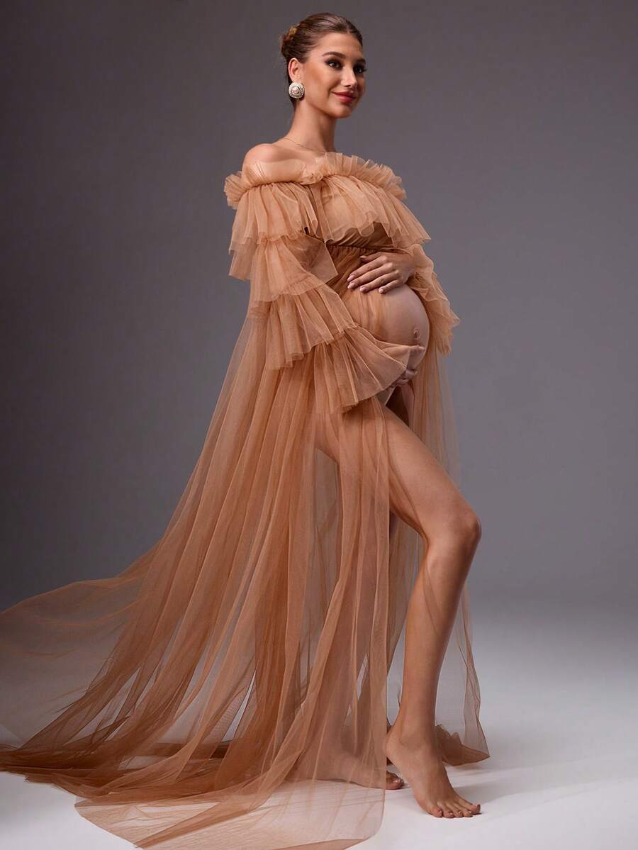 MaterniChic Pregnant Women's Elegant Mesh Sheer Off Shoulder Frill Trim Dress, Summer