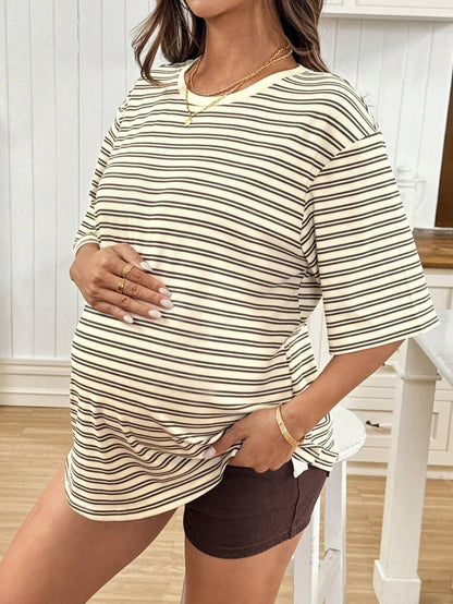 Maternity Black Striped Round Neck Short Sleeve Long Loose Fit T-Shirt Comfortable Padded Shoulder Casual Drop Shoulder Pregnancy Tee