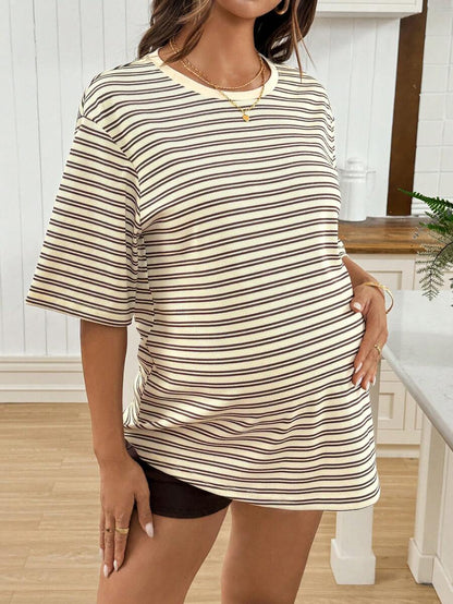 Maternity Black Striped Round Neck Short Sleeve Long Loose Fit T-Shirt Comfortable Padded Shoulder Casual Drop Shoulder Pregnancy Tee