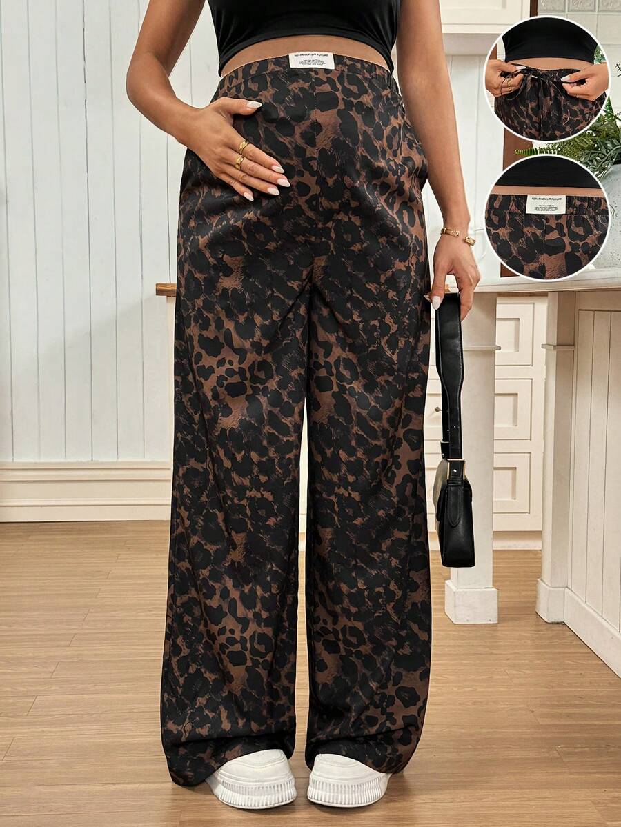 Apricot Allover Print Maternity Straight Leg Pants with Pockets and Ultra High Elastic Waist Loose Fit Casual Long Trousers