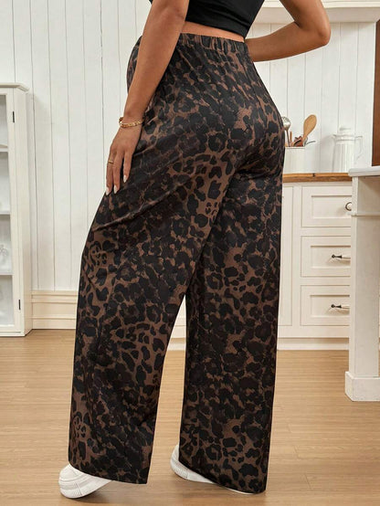 Apricot Allover Print Maternity Straight Leg Pants with Pockets and Ultra High Elastic Waist Loose Fit Casual Long Trousers