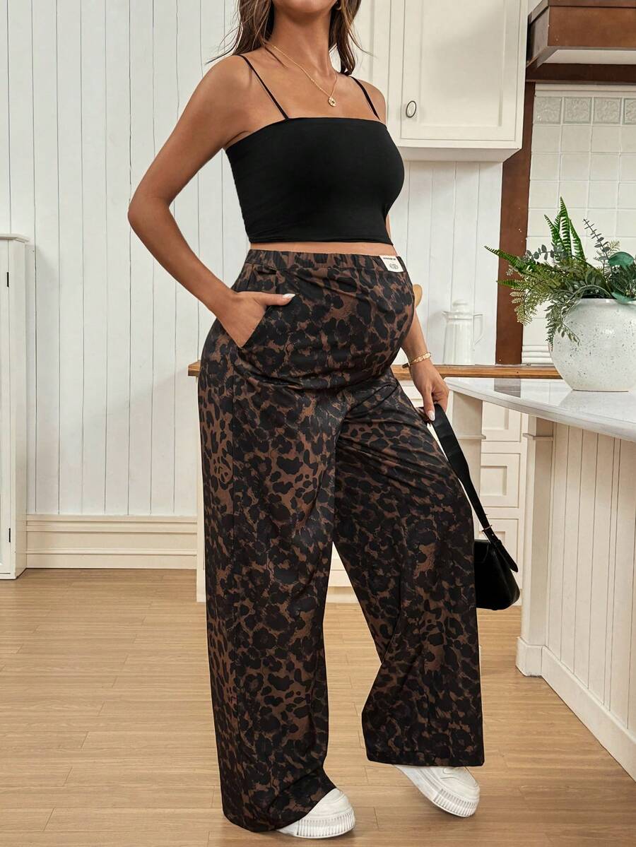 Apricot Allover Print Maternity Straight Leg Pants with Pockets and Ultra High Elastic Waist Loose Fit Casual Long Trousers