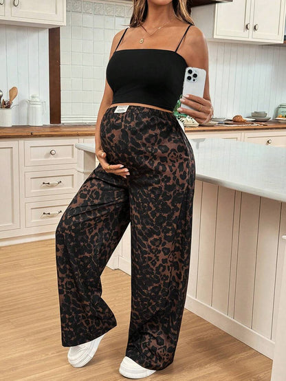 Apricot Allover Print Maternity Straight Leg Pants with Pockets and Ultra High Elastic Waist Loose Fit Casual Long Trousers