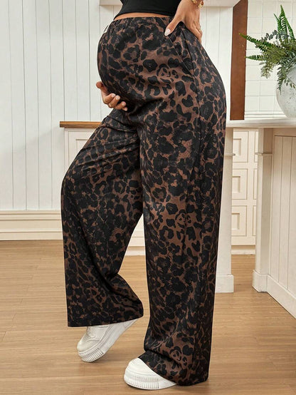 Apricot Allover Print Maternity Straight Leg Pants with Pockets and Ultra High Elastic Waist Loose Fit Casual Long Trousers
