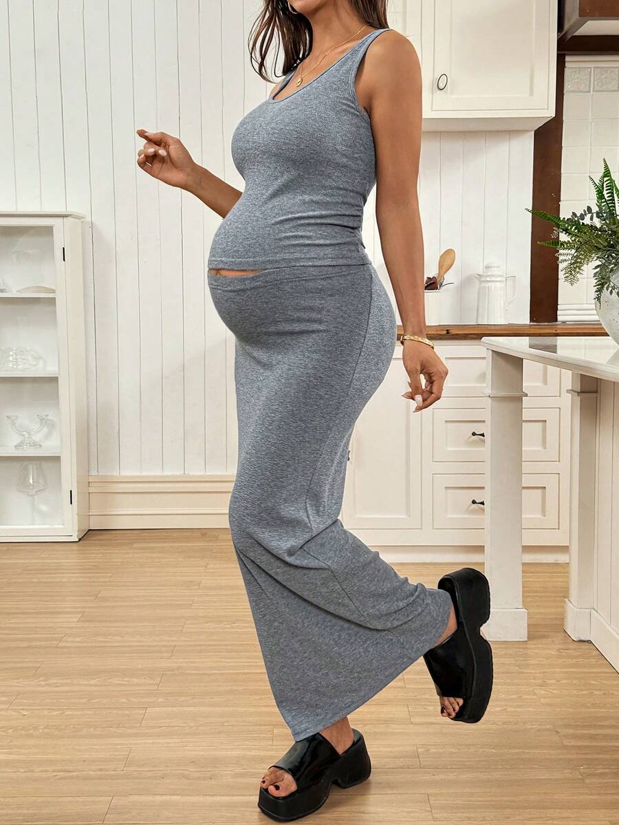 Maternity Scoop Neck Tank Top and Adjustable Waist Slit Skirt Set Solid Brown Fitted Ruched 2 Piece Set for Holiday