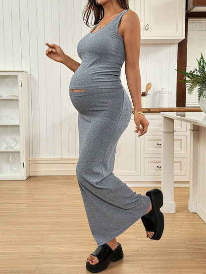 Maternity Scoop Neck Tank Top and Adjustable Waist Slit Skirt Set Solid Brown Fitted Ruched 2 Piece Set for Holiday