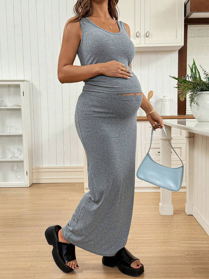 Maternity Scoop Neck Tank Top and Adjustable Waist Slit Skirt Set Solid Brown Fitted Ruched 2 Piece Set for Holiday