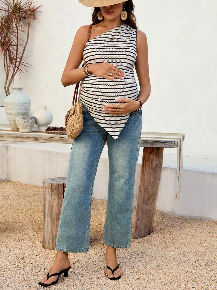 Maternity Striped Asymmetric Hem Sleeveless Tank Top in Coffee Brown Quilted Knit Slim Fit Longline Casual Maternity Shirt