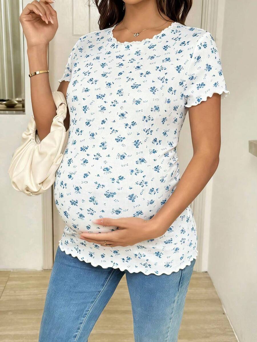 Maternity Ditsy Floral T-Shirt - Round Neck Casual Everyday Soft, Pregnancy Spring Summer