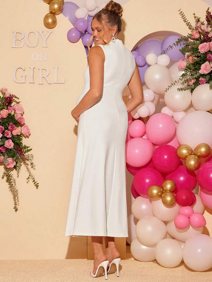 Maternity Elegant High Neck Sleeveless A-Line Dress Slim Fit Knitted Solid Blue Maxi Dress for Night Out and Formal Events