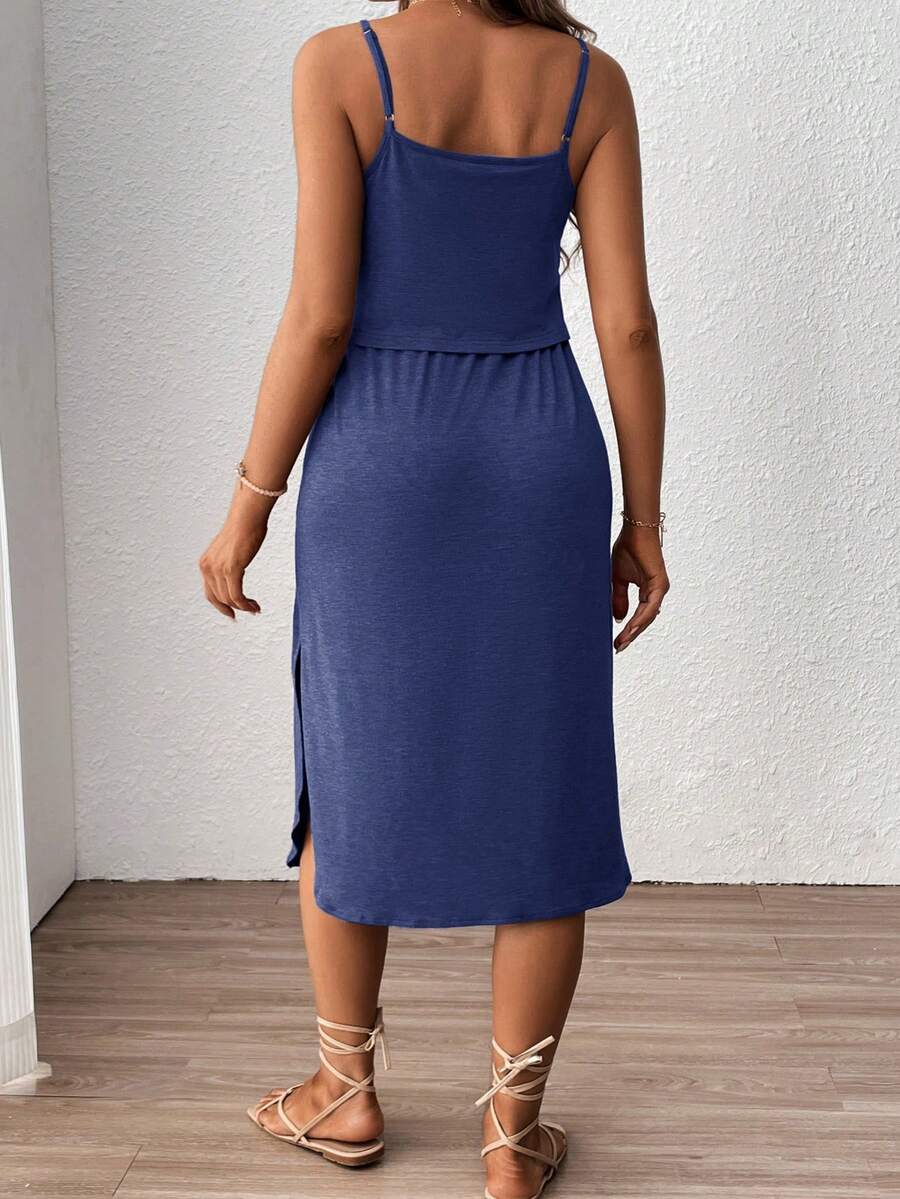 Women's Red Square Neck Nursing Dress - Sleeveless Midi Maternity Sundress with Drawstring and Side Slit - Casual Knit Beach Maternity Dress