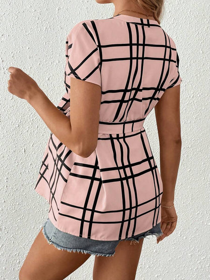 Maternity Summer,Casual Maternity Casual Plaid Print Shirt For Pregnant Women Maternity Casual Plaid Notched Neck Belted Shirt, Summer Tie Up Shirt Tie Front Blouse Light Blue Blouse Baby Blue Top Women Plaid Light Blue Top Plaid Top