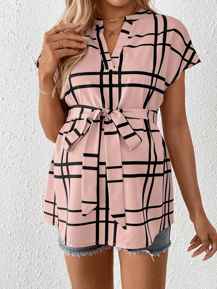 Maternity Summer,Casual Maternity Casual Plaid Print Shirt For Pregnant Women Maternity Casual Plaid Notched Neck Belted Shirt, Summer Tie Up Shirt Tie Front Blouse Light Blue Blouse Baby Blue Top Women Plaid Light Blue Top Plaid Top