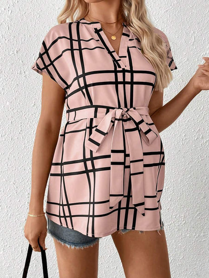 Maternity Summer,Casual Maternity Casual Plaid Print Shirt For Pregnant Women Maternity Casual Plaid Notched Neck Belted Shirt, Summer Tie Up Shirt Tie Front Blouse Light Blue Blouse Baby Blue Top Women Plaid Light Blue Top Plaid Top