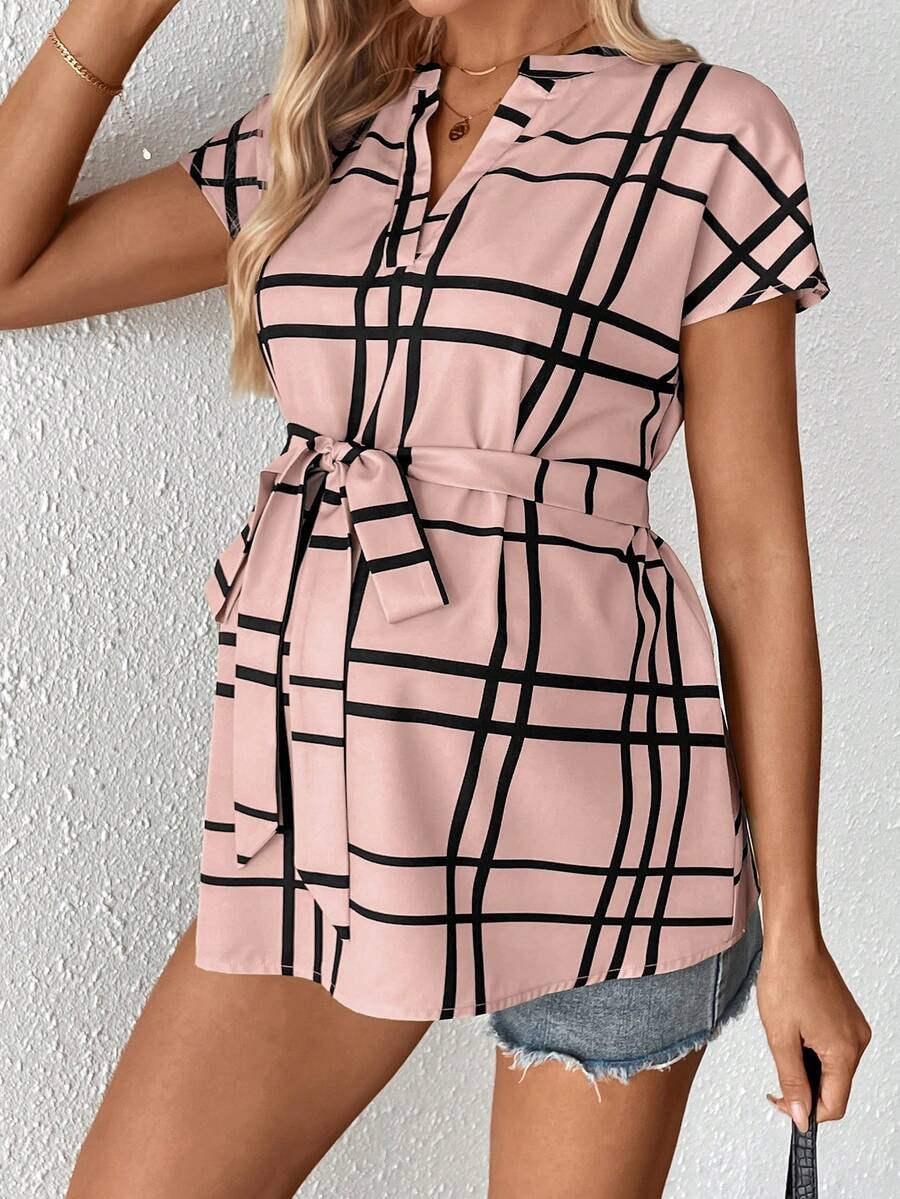 Maternity Summer,Casual Maternity Casual Plaid Print Shirt For Pregnant Women Maternity Casual Plaid Notched Neck Belted Shirt, Summer Tie Up Shirt Tie Front Blouse Light Blue Blouse Baby Blue Top Women Plaid Light Blue Top Plaid Top