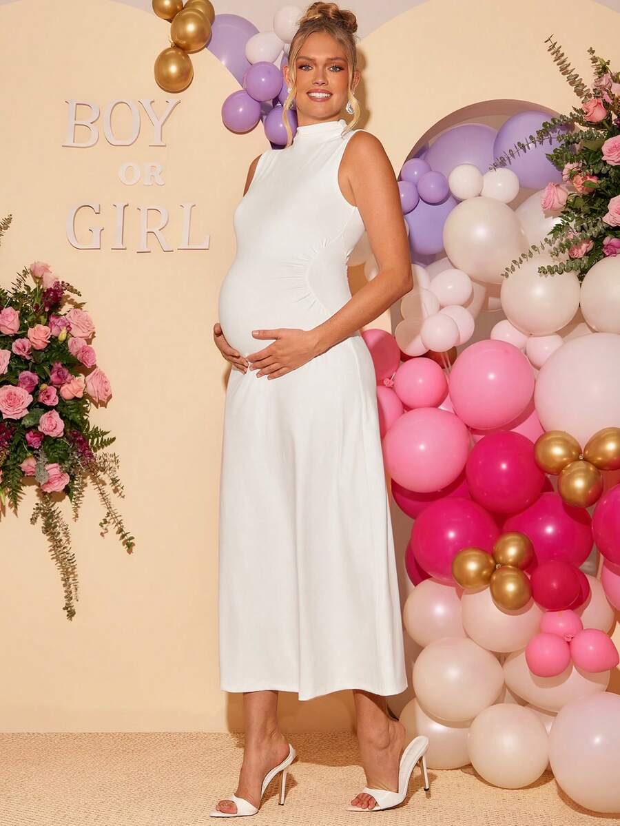 Maternity Elegant High Neck Sleeveless A-Line Dress Slim Fit Knitted Solid Blue Maxi Dress for Night Out and Formal Events