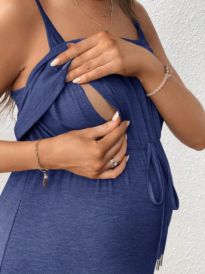 Women's Red Square Neck Nursing Dress - Sleeveless Midi Maternity Sundress with Drawstring and Side Slit - Casual Knit Beach Maternity Dress