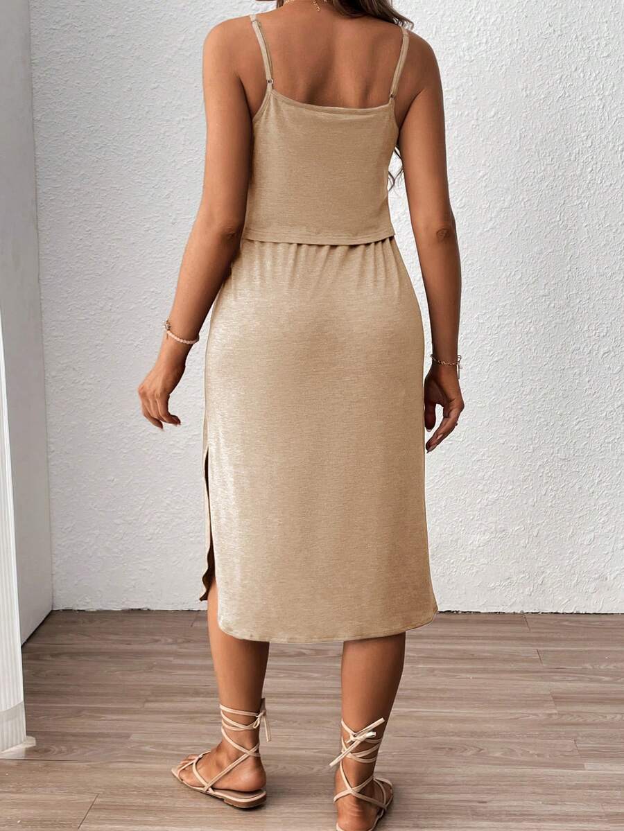 Women's Red Square Neck Nursing Dress - Sleeveless Midi Maternity Sundress with Drawstring and Side Slit - Casual Knit Beach Maternity Dress
