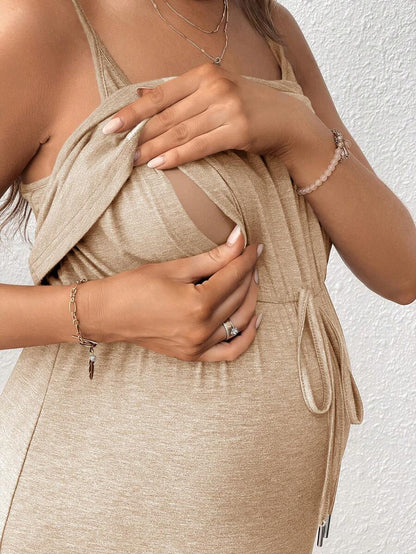 Women's Red Square Neck Nursing Dress - Sleeveless Midi Maternity Sundress with Drawstring and Side Slit - Casual Knit Beach Maternity Dress