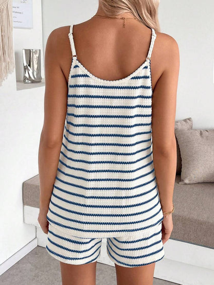 Maternity Striped V-Neck Camisole and Shorts Set Navy Blue Summer Maternity Romper Outfit for Beach and Vacation