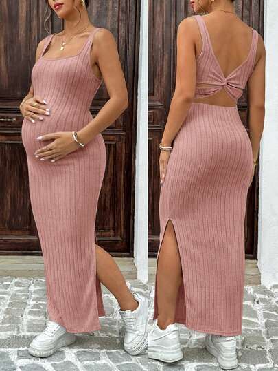 Maternity Solid Color Casual Ribbed Open Back Sleeveless Dress Two Piece Set Cut Out Maxi Skirt With