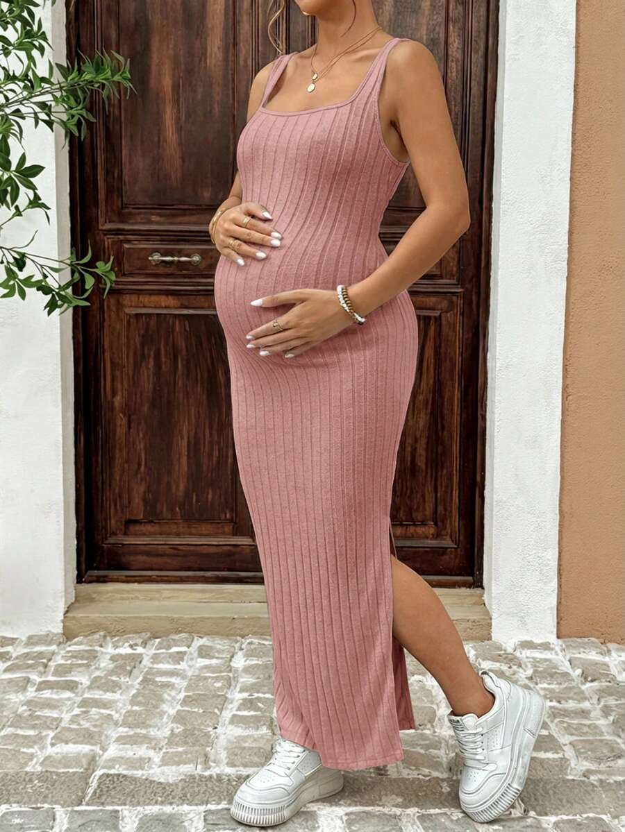 Maternity Solid Color Casual Ribbed Open Back Sleeveless Dress Two Piece Set Cut Out Maxi Skirt With