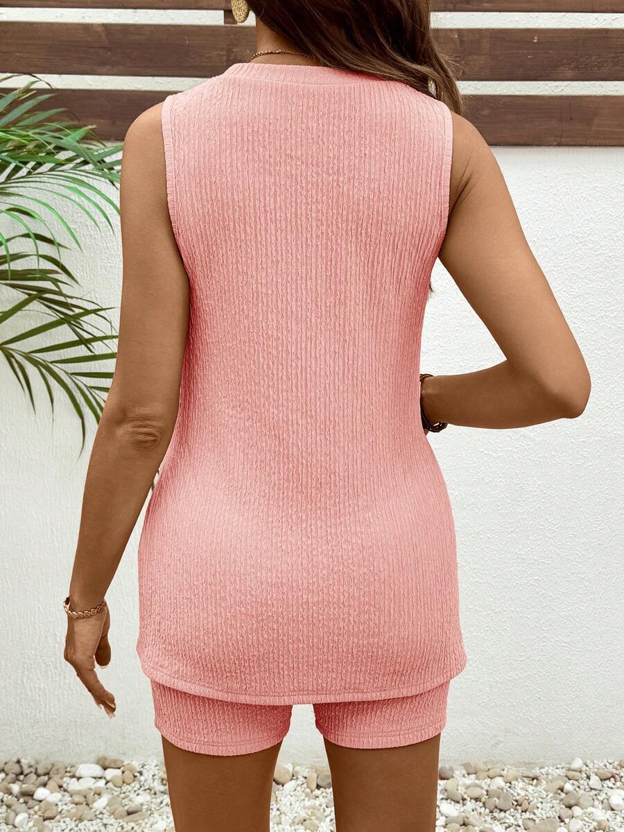 Maternity Coffee Brown Ribbed Knit Tank Top and Biker Shorts Set - Slim Fit Round Neck Casual Two Piece Lounge Set