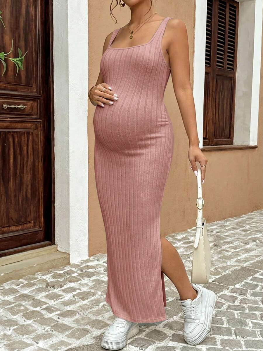 Maternity Solid Color Casual Ribbed Open Back Sleeveless Dress Two Piece Set Cut Out Maxi Skirt With