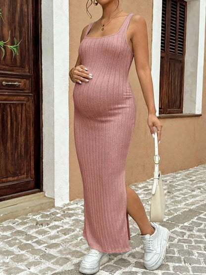 Maternity Solid Color Casual Ribbed Open Back Sleeveless Dress Two Piece Set Cut Out Maxi Skirt With