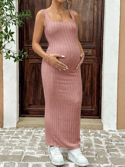 Maternity Summer Minimalist Ribbed Twist Back Slit Midi Dress Apricot Sleeveless Cami Dress for Babymoon