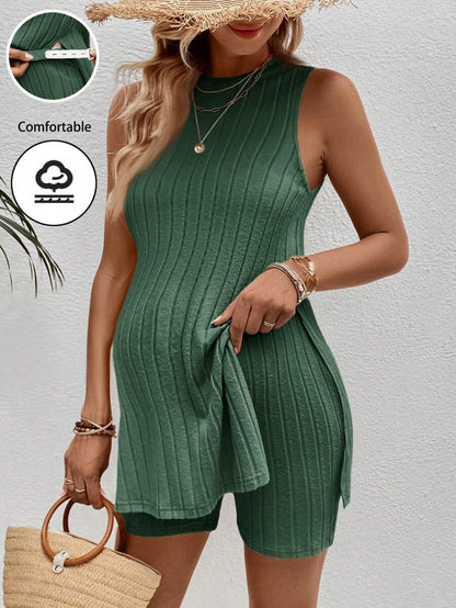 Maternity 2-Piece Striped Camisole and Shorts Set High Stretch Round Neck Side Slit Casual Summer Lounge Outfit