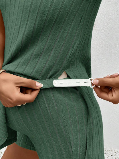 Maternity 2-Piece Striped Camisole and Shorts Set High Stretch Round Neck Side Slit Casual Summer Lounge Outfit