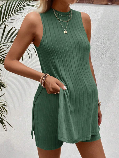 Maternity 2-Piece Striped Camisole and Shorts Set High Stretch Round Neck Side Slit Casual Summer Lounge Outfit