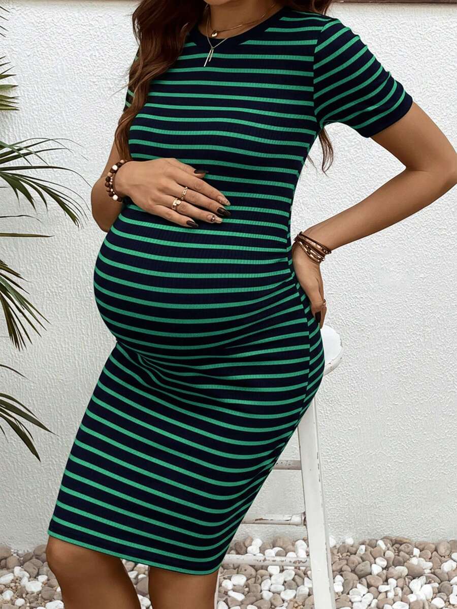 Maternity Striped Round Neck Short Sleeve Bodycon Dress Slim Fit Rib Knit Casual Mini Pencil Dress for Daily Wear