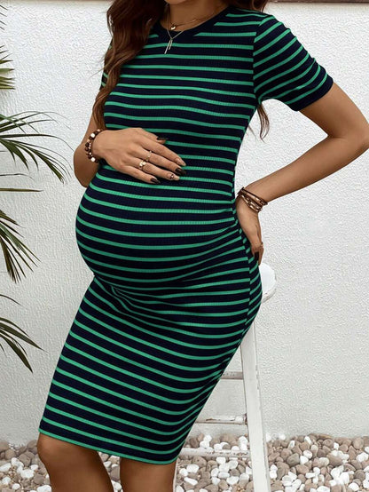 Maternity Striped Round Neck Short Sleeve Bodycon Dress Slim Fit Rib Knit Casual Mini Pencil Dress for Daily Wear
