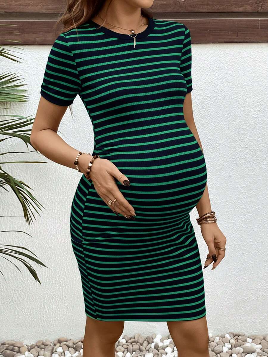 Maternity Striped Round Neck Short Sleeve Bodycon Dress Slim Fit Rib Knit Casual Mini Pencil Dress for Daily Wear