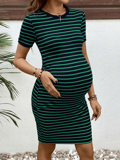 Maternity Striped Round Neck Short Sleeve Bodycon Dress Slim Fit Rib Knit Casual Mini Pencil Dress for Daily Wear