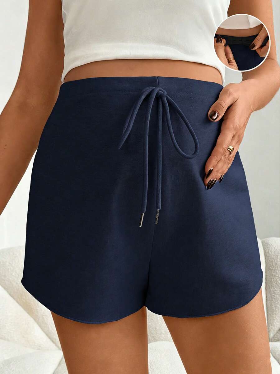 Maternity Casual Solid Black Adjustable High Waist Shorts - Loose Fit Straight Leg Summer Beach Mini Shorts