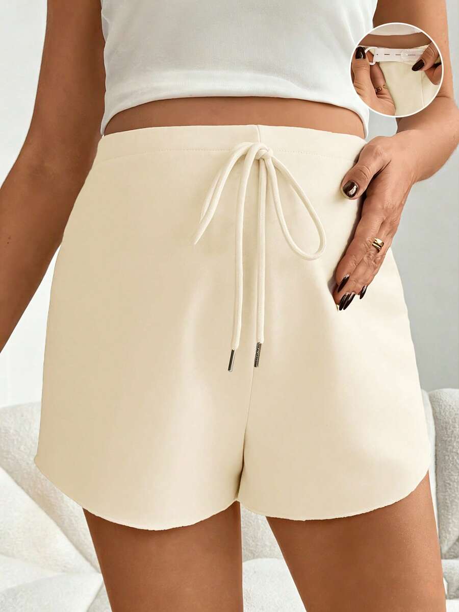 Maternity Casual Solid Black Adjustable High Waist Shorts - Loose Fit Straight Leg Summer Beach Mini Shorts