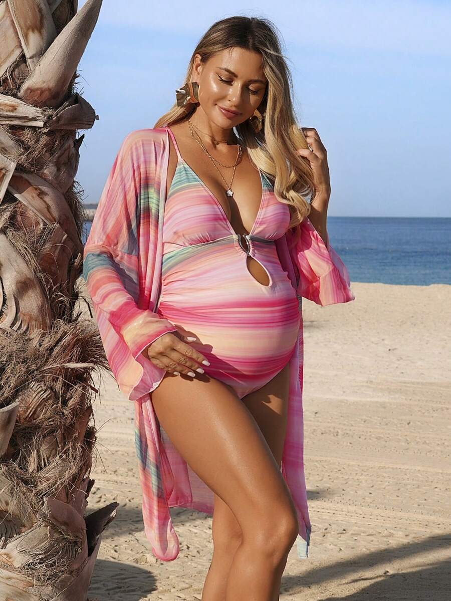 Maternity One-Piece Swimsuit - Tie-Dye Halter Criss-Cross Metal Decor with Long Sleeve Cover Up