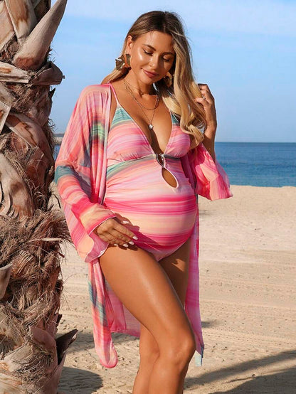 Maternity One-Piece Swimsuit - Tie-Dye Halter Criss-Cross Metal Decor with Long Sleeve Cover Up