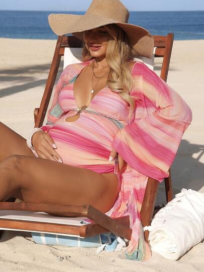 Maternity One-Piece Swimsuit - Tie-Dye Halter Criss-Cross Metal Decor with Long Sleeve Cover Up