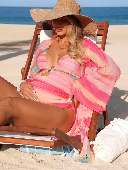 Maternity One-Piece Swimsuit - Tie-Dye Halter Criss-Cross Metal Decor with Long Sleeve Cover Up