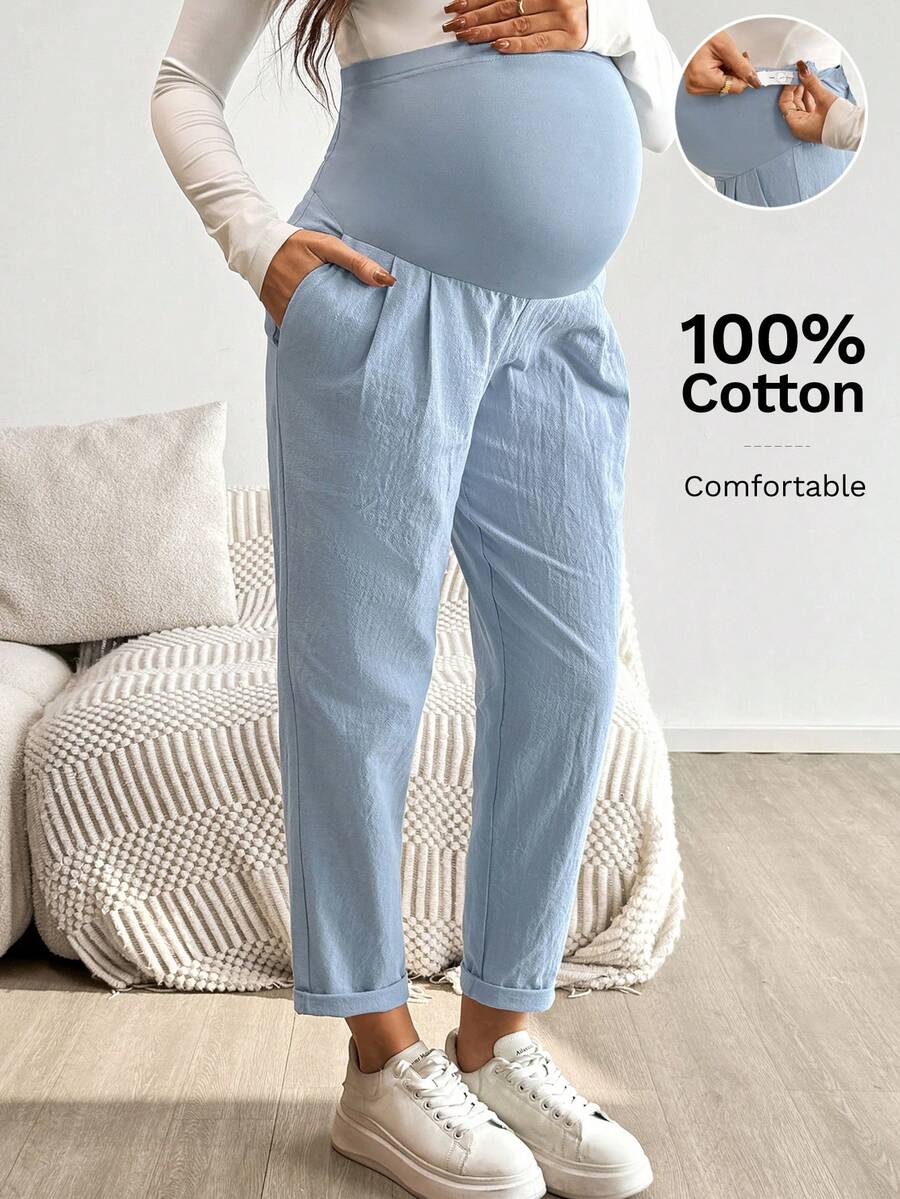 Maternity Tapered Pants - Adjustable Ultra High Waist, Cotton, Green