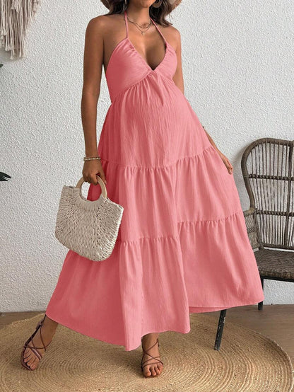 Cherish Maternity Solid Color Backless Maxi Maternity Dress Elegant Sleeveless V Neck Slim Fit Flowy Summer Gown Black