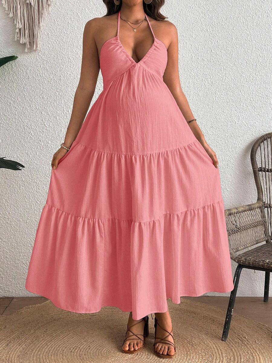 Cherish Maternity Solid Color Backless Maxi Maternity Dress Elegant Sleeveless V Neck Slim Fit Flowy Summer Gown Black