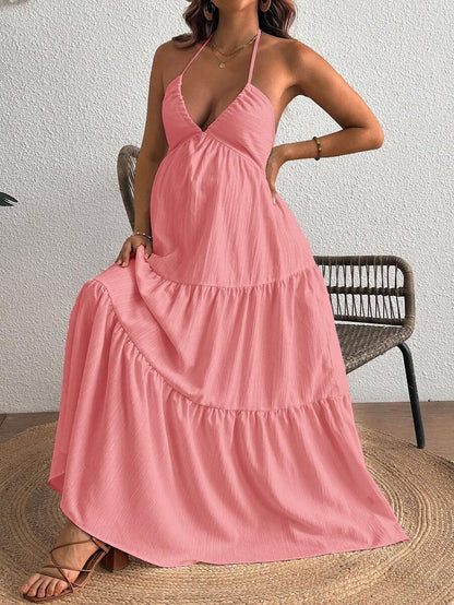 Cherish Maternity Solid Color Backless Maxi Maternity Dress Elegant Sleeveless V Neck Slim Fit Flowy Summer Gown Black