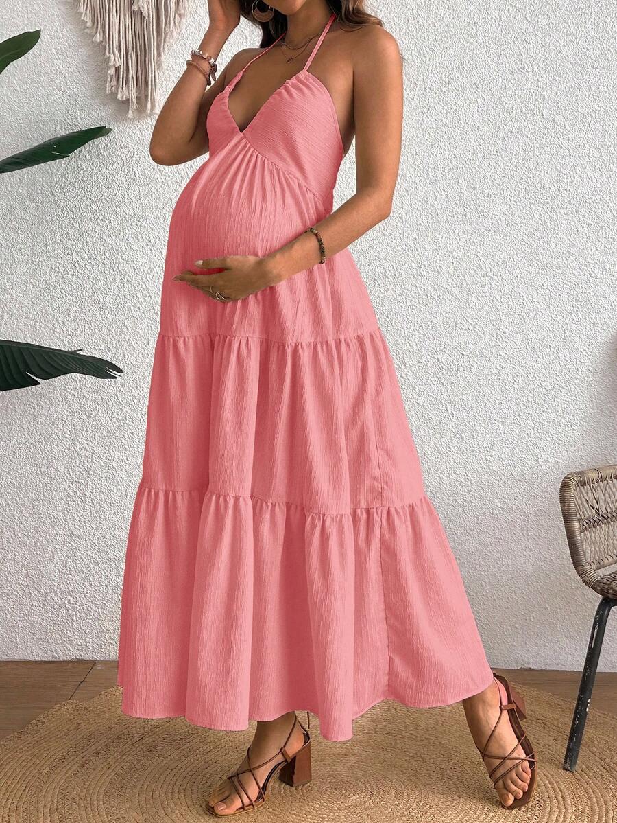 Cherish Maternity Solid Color Backless Maxi Maternity Dress Elegant Sleeveless V Neck Slim Fit Flowy Summer Gown Black