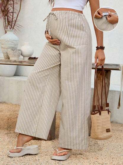 Adjustable High Waist Striped Wide Leg Maternity Pants - Black and White Loose Fit Beach Overlays & Casual Spring Maternity Trousers